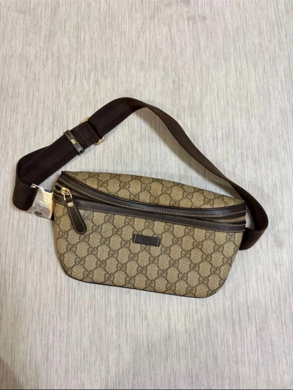 Gucci Beige Monogram Waist Bag - Brown Trim